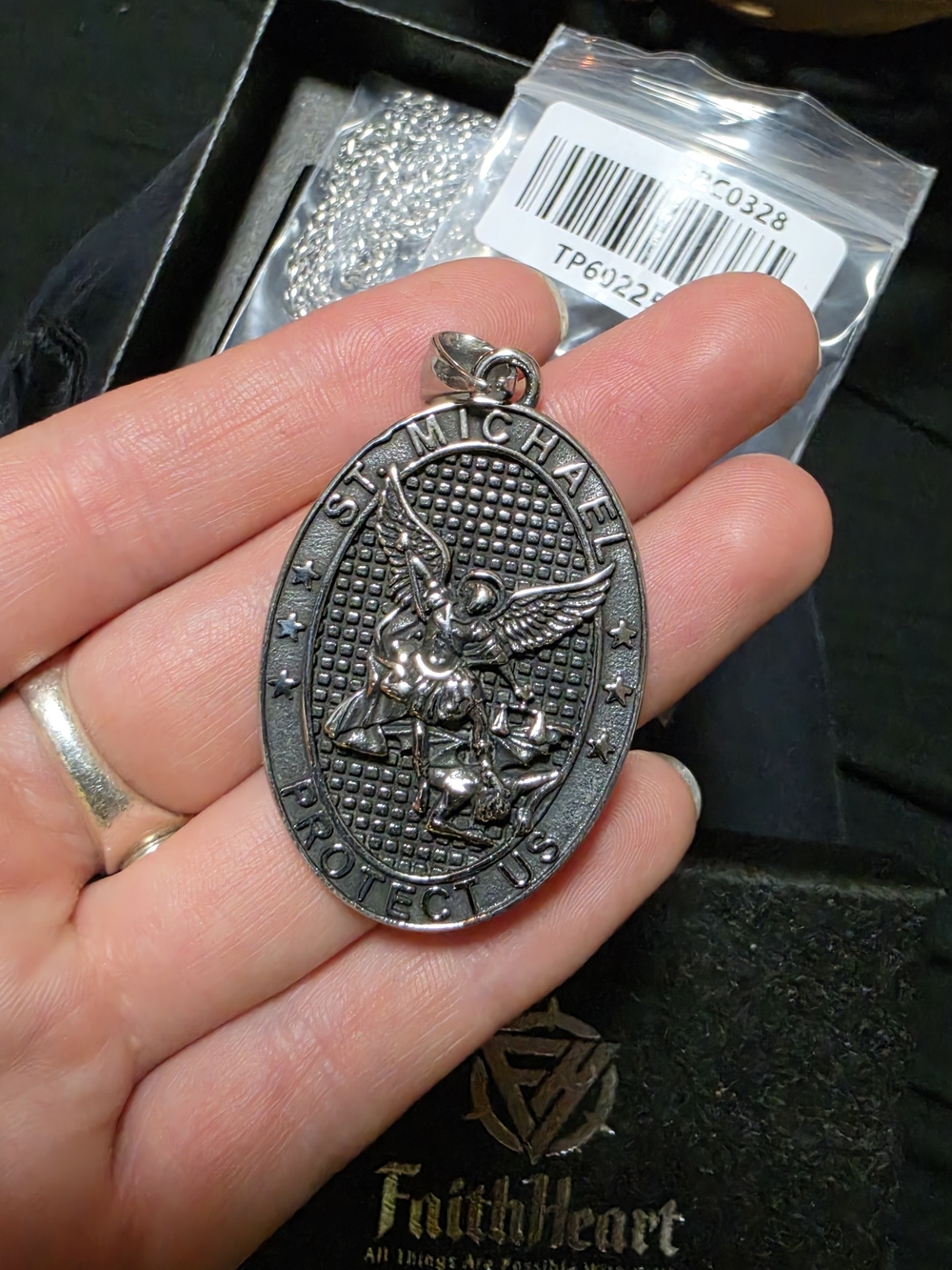 Faith Heart St. Michael Protect Us Oval Medal Pendant - Gunmetal